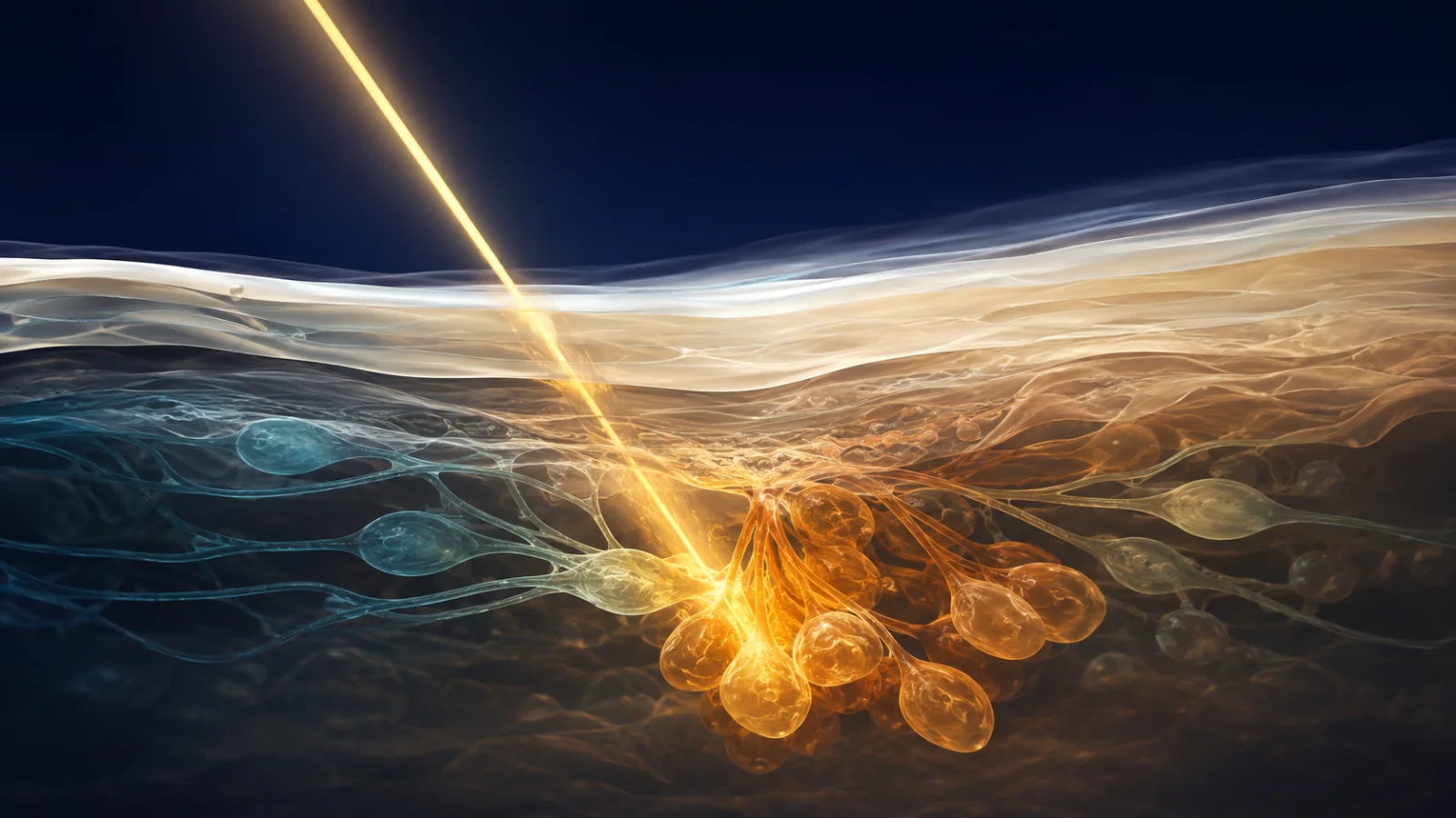 Golden infrared beam meeting an abstract sebaceous target within layered skin