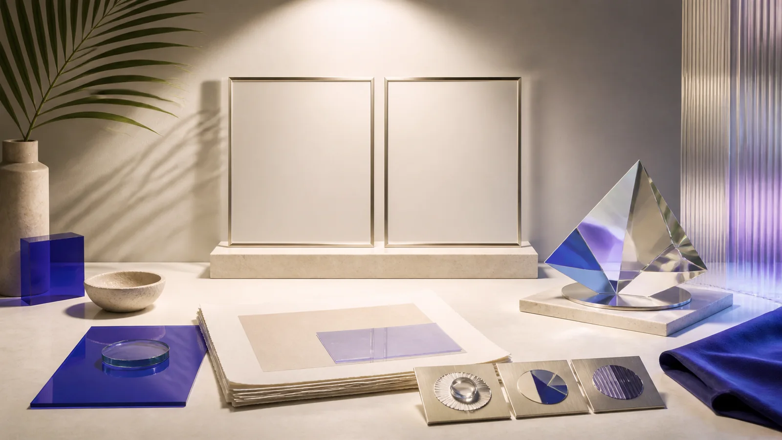 Paired empty image frames, a review prism, and evidence markers on a neutral editorial desk