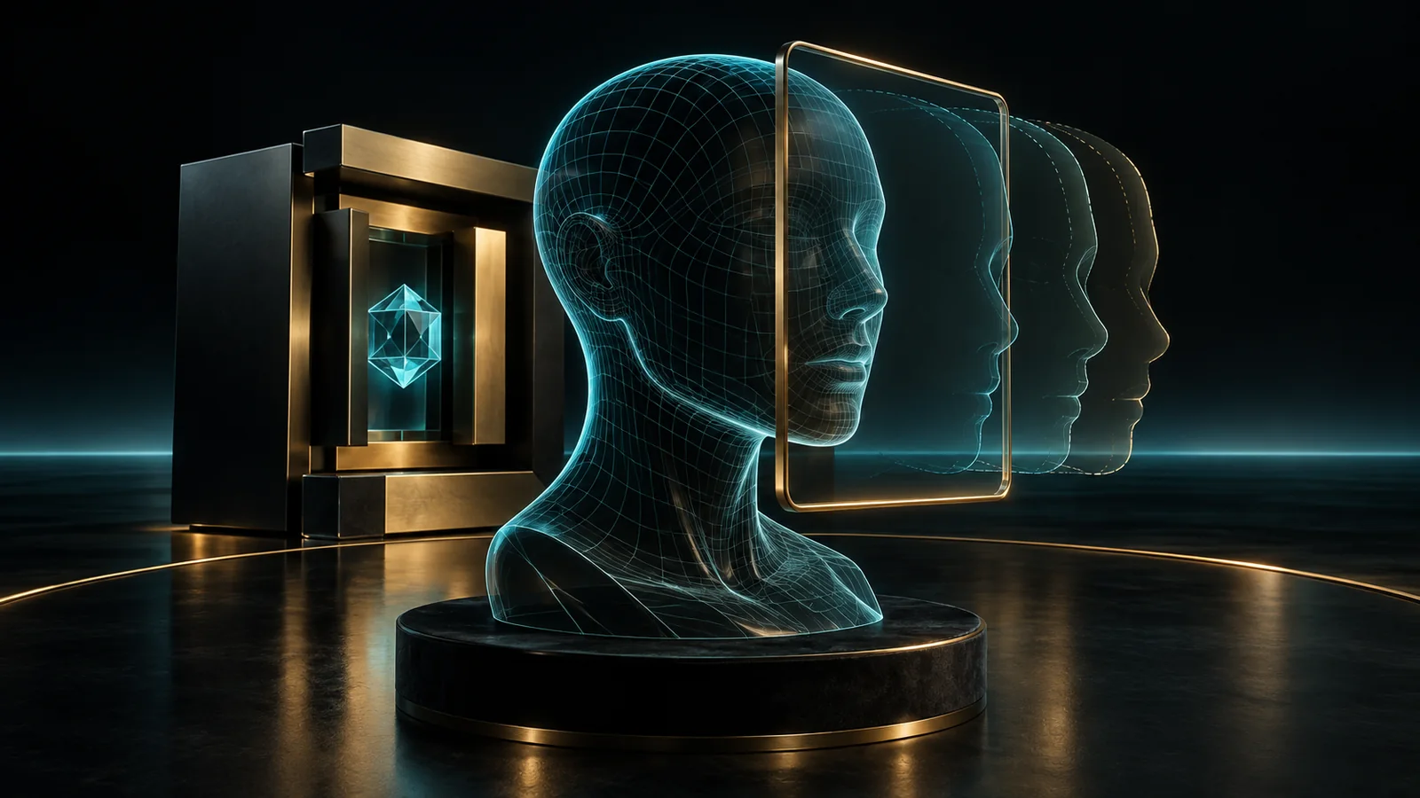 Abstract three-dimensional facial mesh preview beside privacy vault and uncertainty layers