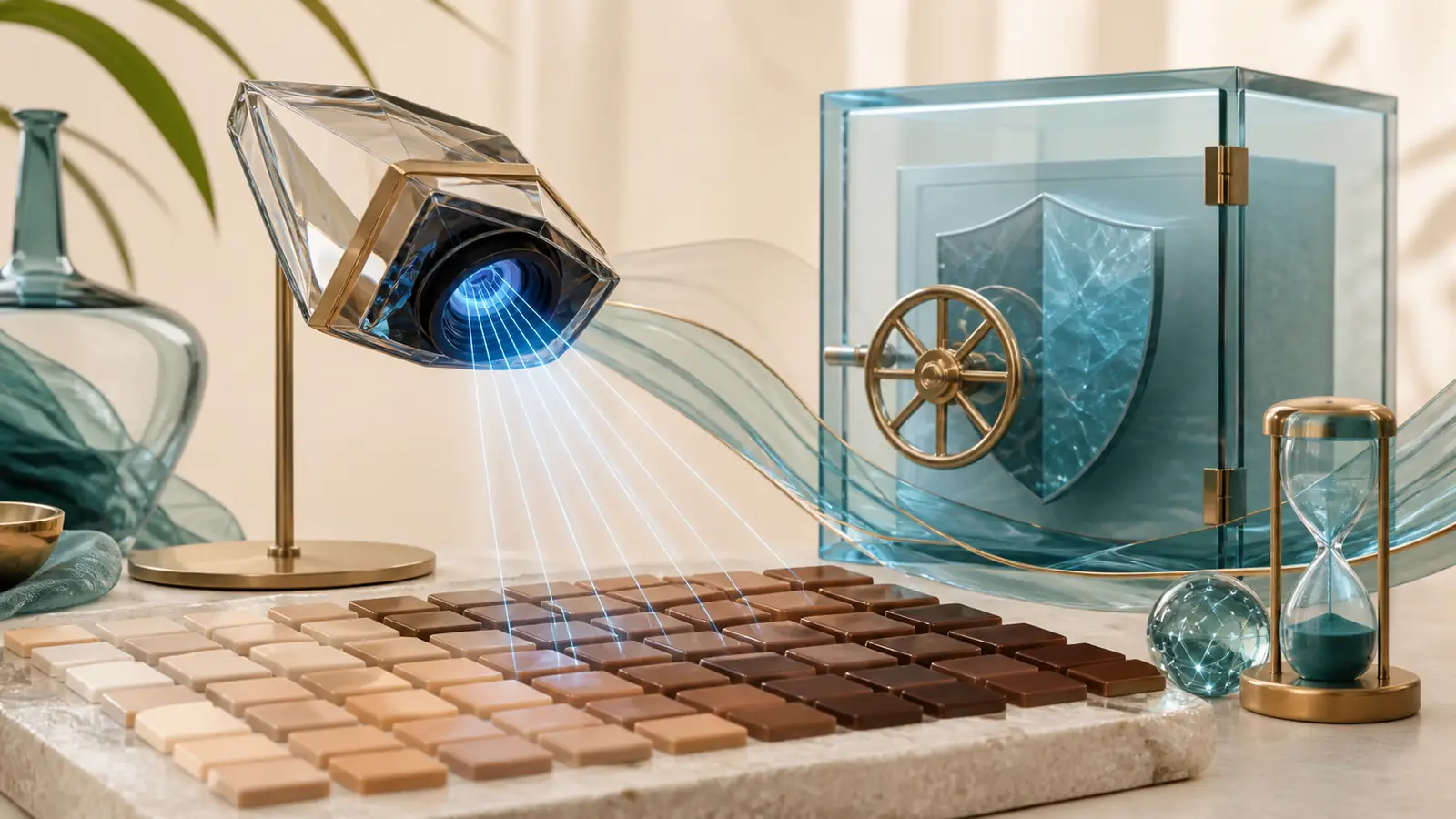 Faceted optical scanner above varied skin-tone tiles beside a locked glass vault