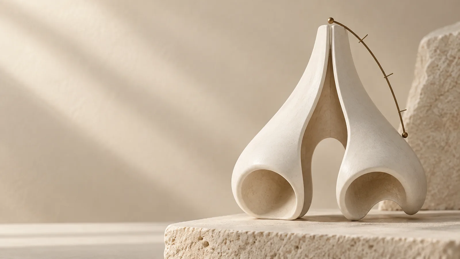 Sculptural nasal-base geometry shown with two curved bronze planes and a central airway opening