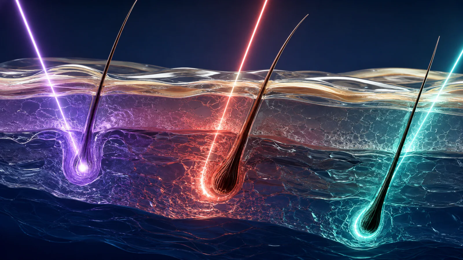 Three colored light pathways reaching hair targets at different depths in an abstract skin layer