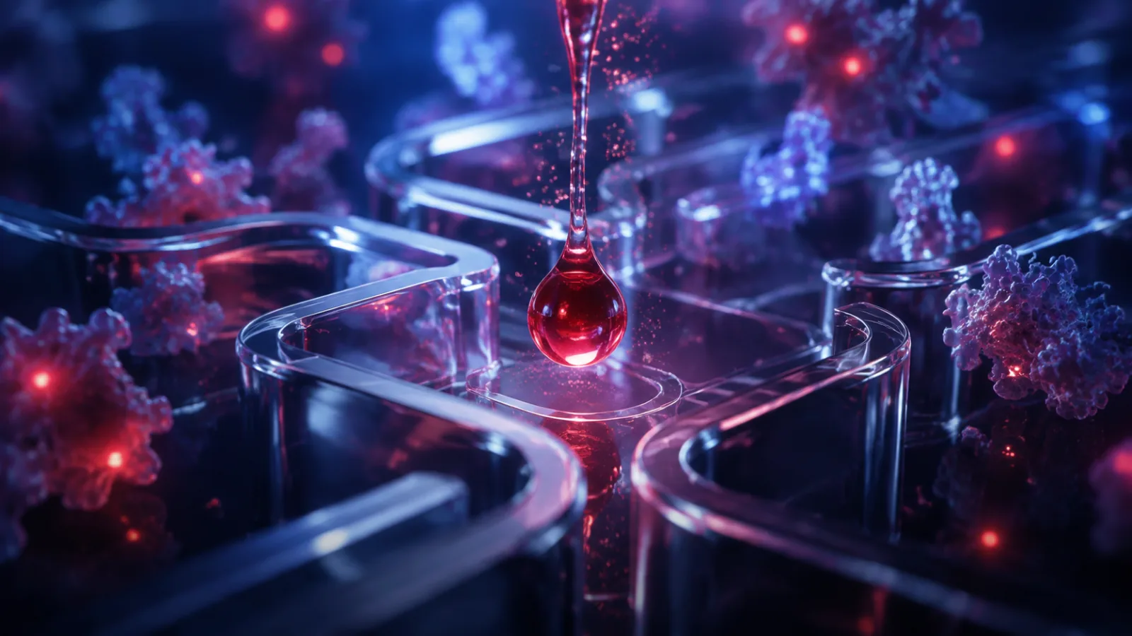 Crimson droplet entering a clear microfluidic maze surrounded by softly glowing molecular forms