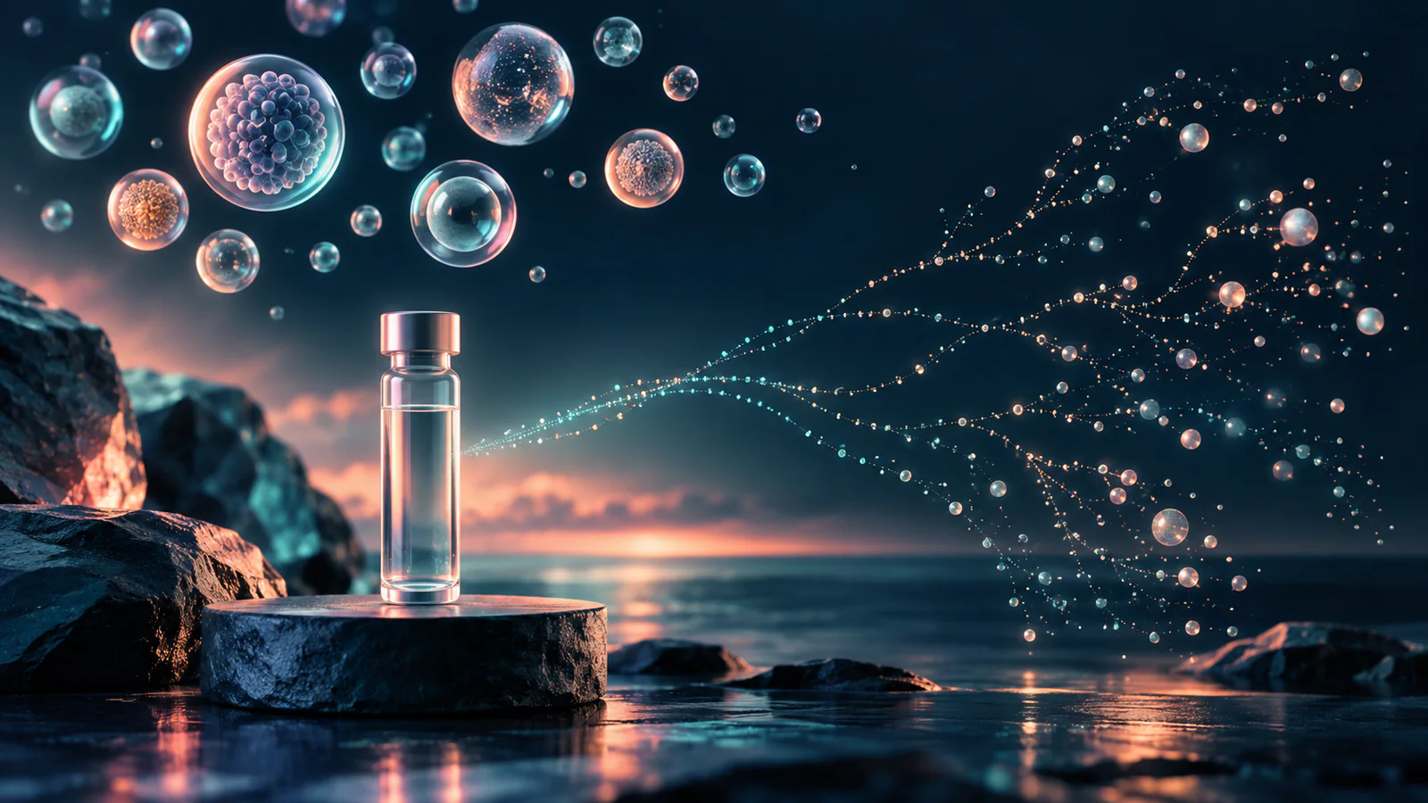 Translucent follicle constellation and laboratory vial separated from a probability pathway