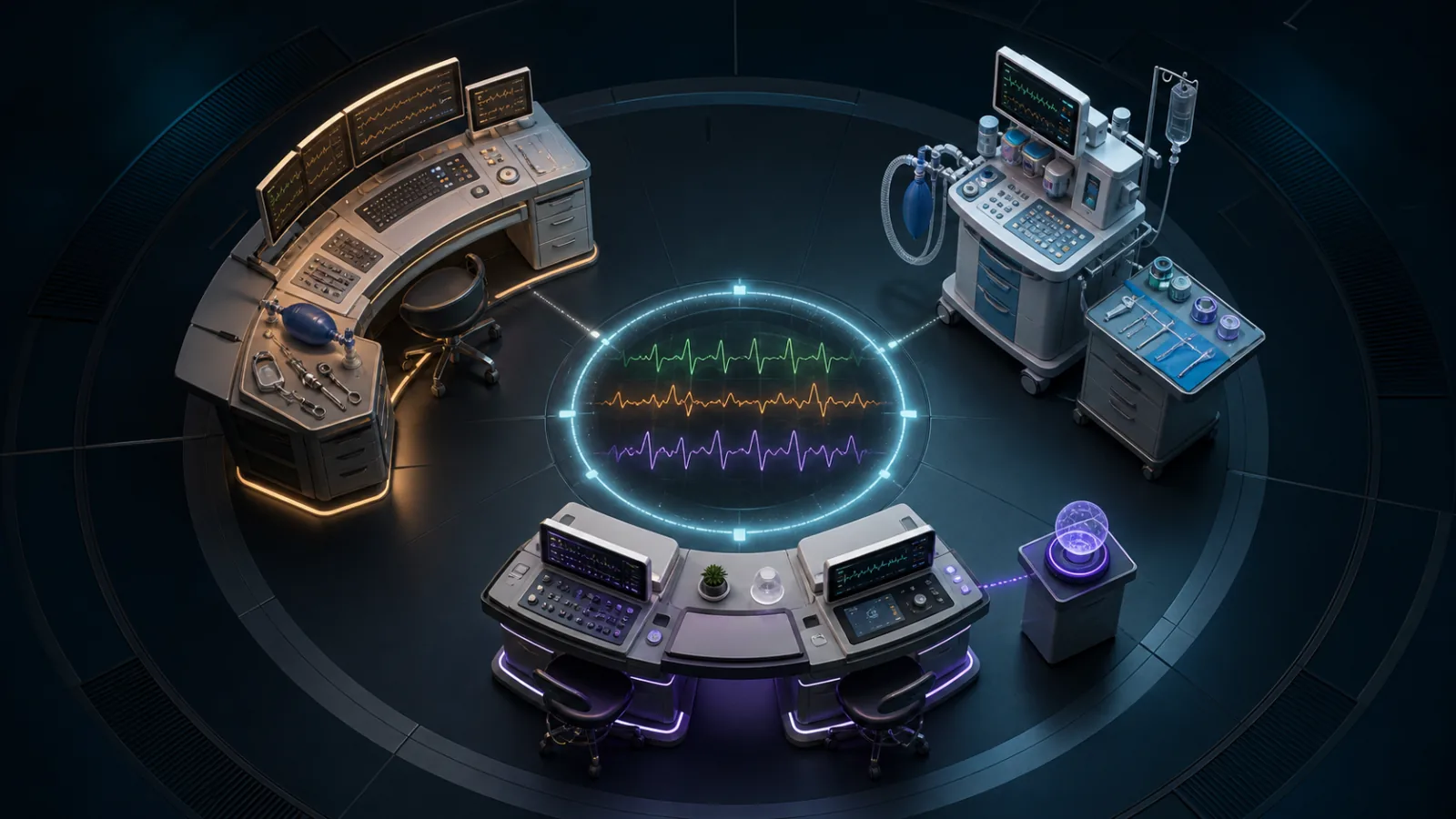 Three abstract anesthesia role stations arranged around a shared monitoring waveform