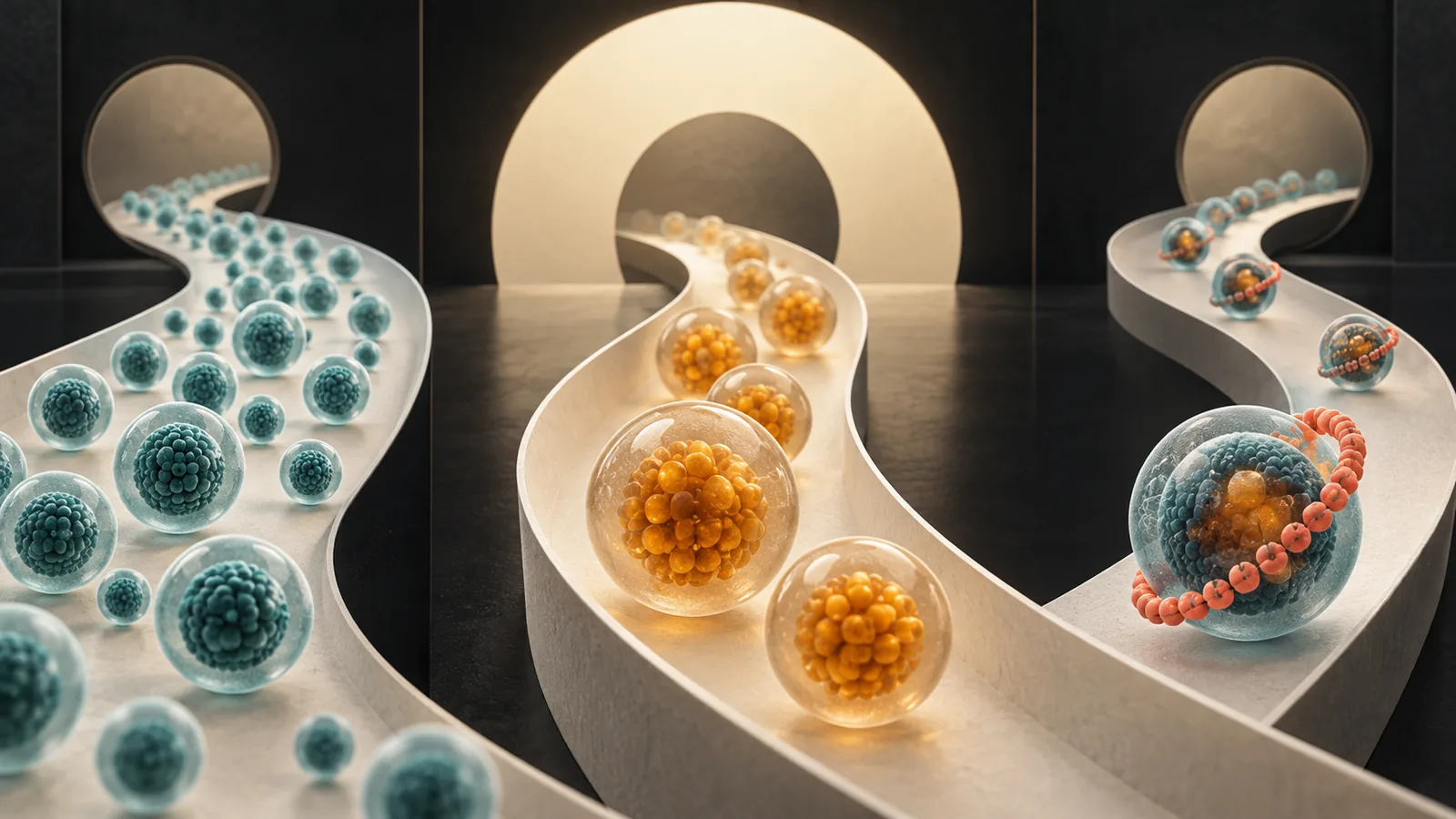 Three abstract blood-lipid pathways showing cholesterol cargo, particle count, and a distinct inherited lipoprotein structure