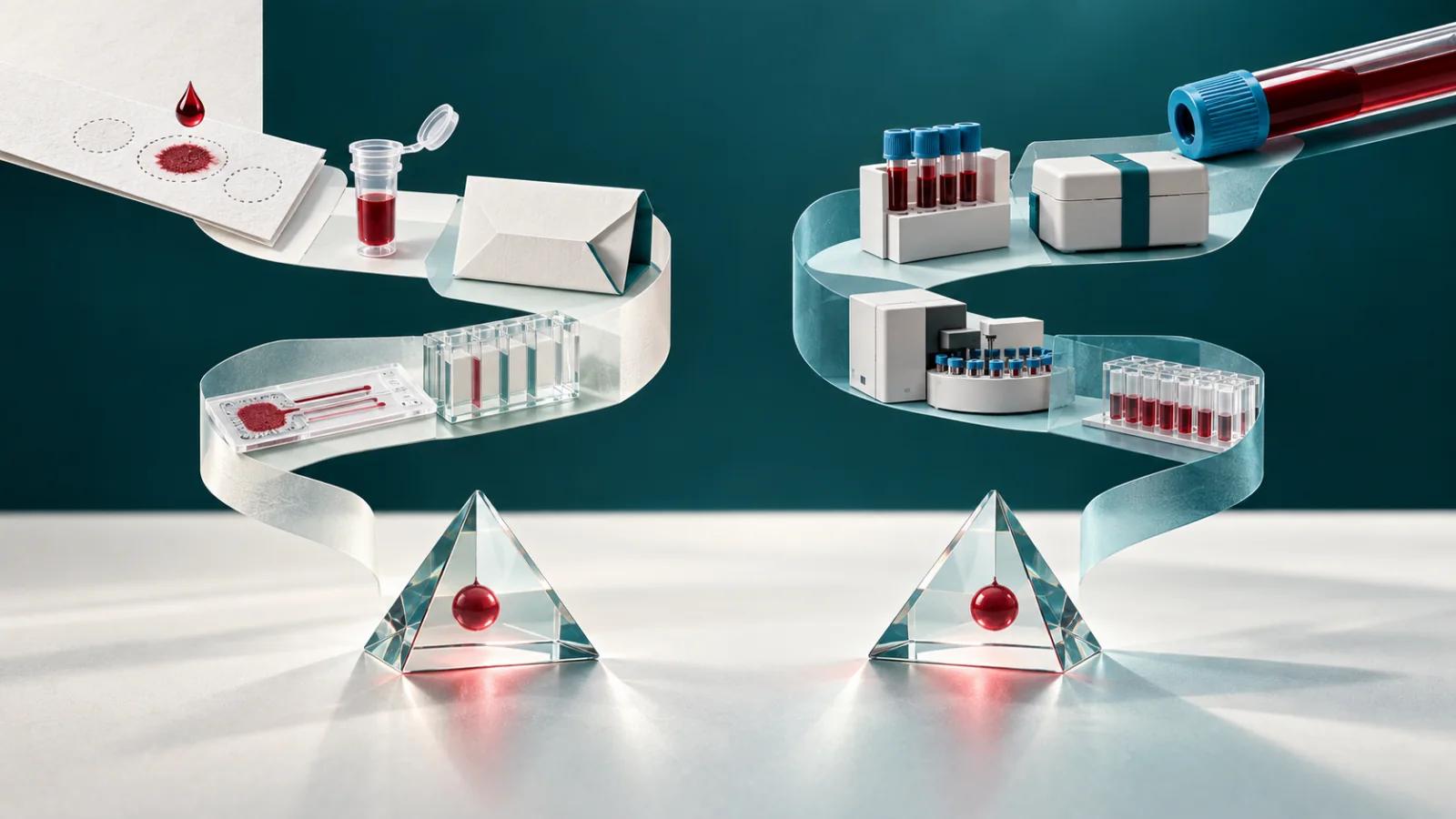 A capillary drop card and venous tube traveling through separate collection, transport, assay, and result pathways