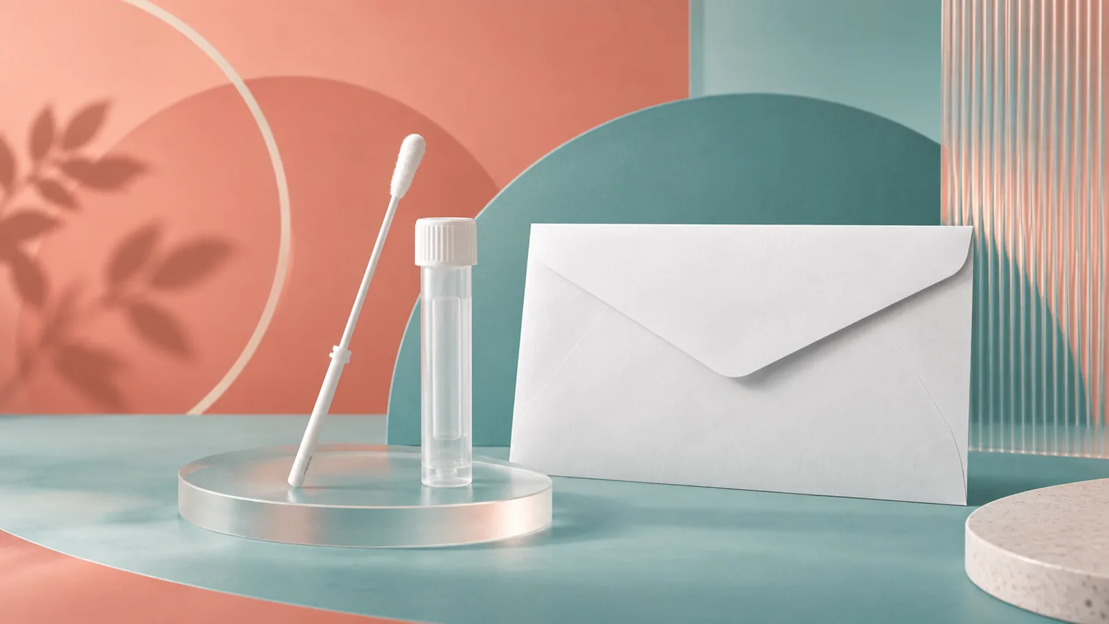 Unbranded self-collection swab, sealed tube, privacy envelope, and abstract screening geometry