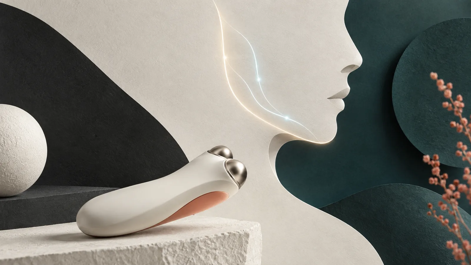 Abstract paired facial contours traced by restrained electric current arcs beside an unmarked handheld device