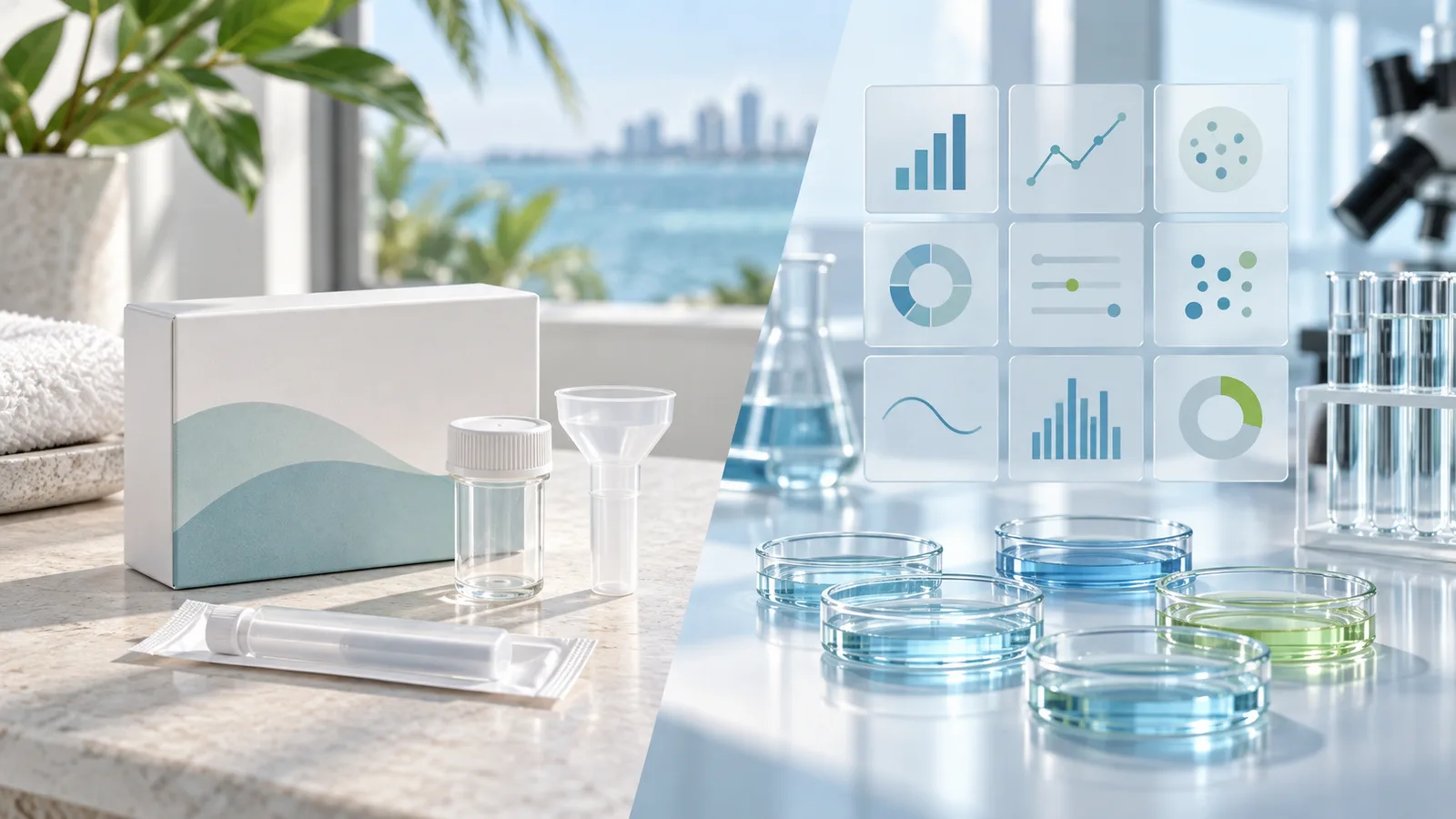 A compact home test field is compared with a multi-parameter laboratory analysis grid