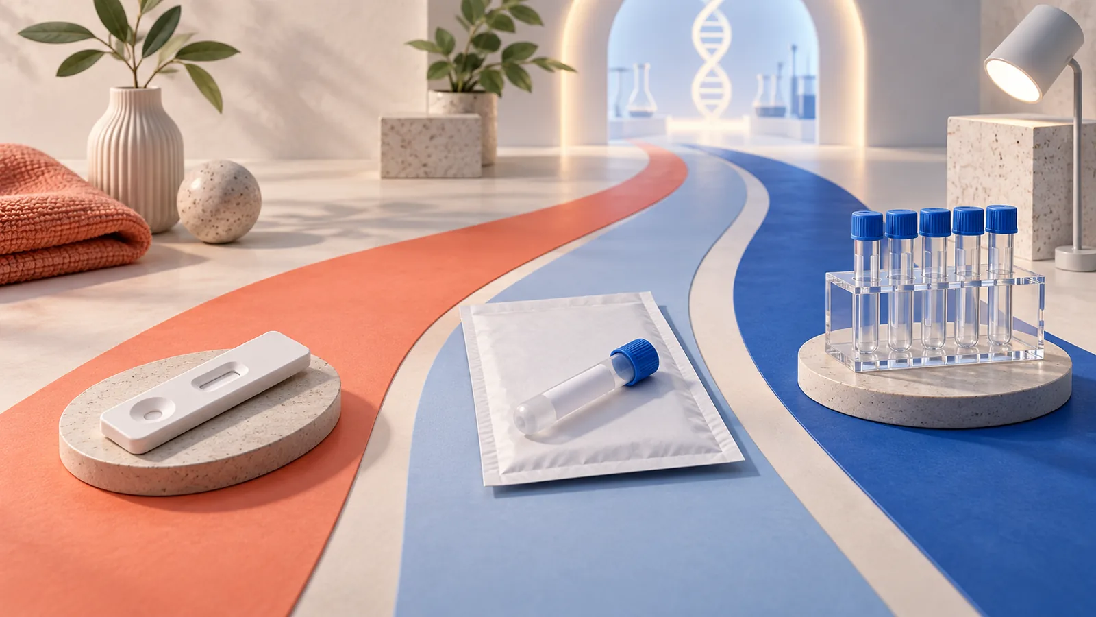 Three sealed specimen pathways leading to a home reader, shipping envelope, and clinical laboratory