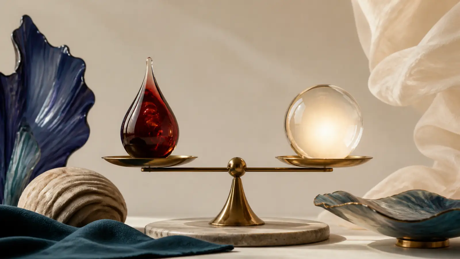 Measured crimson droplet and bright empty orb balanced on a brass scale