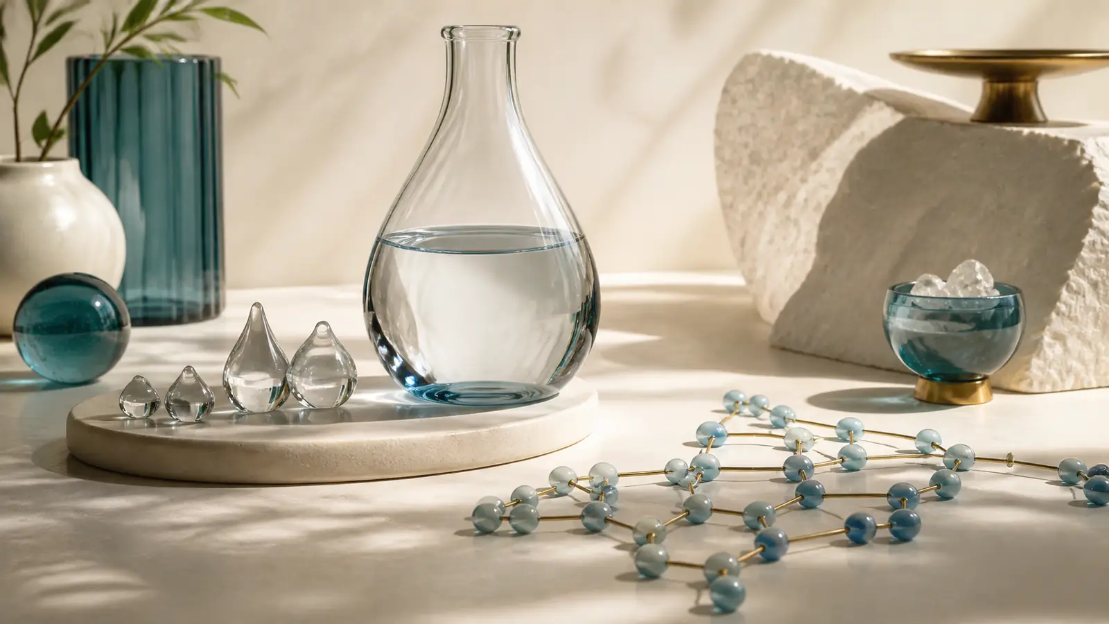 Small glass droplets beside a measured vessel and an abstract placement map