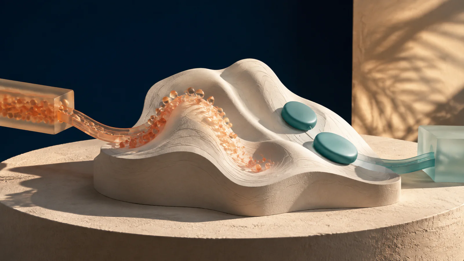 Abstract body-contour sculpture dividing a fat-transfer pathway from an implant pathway