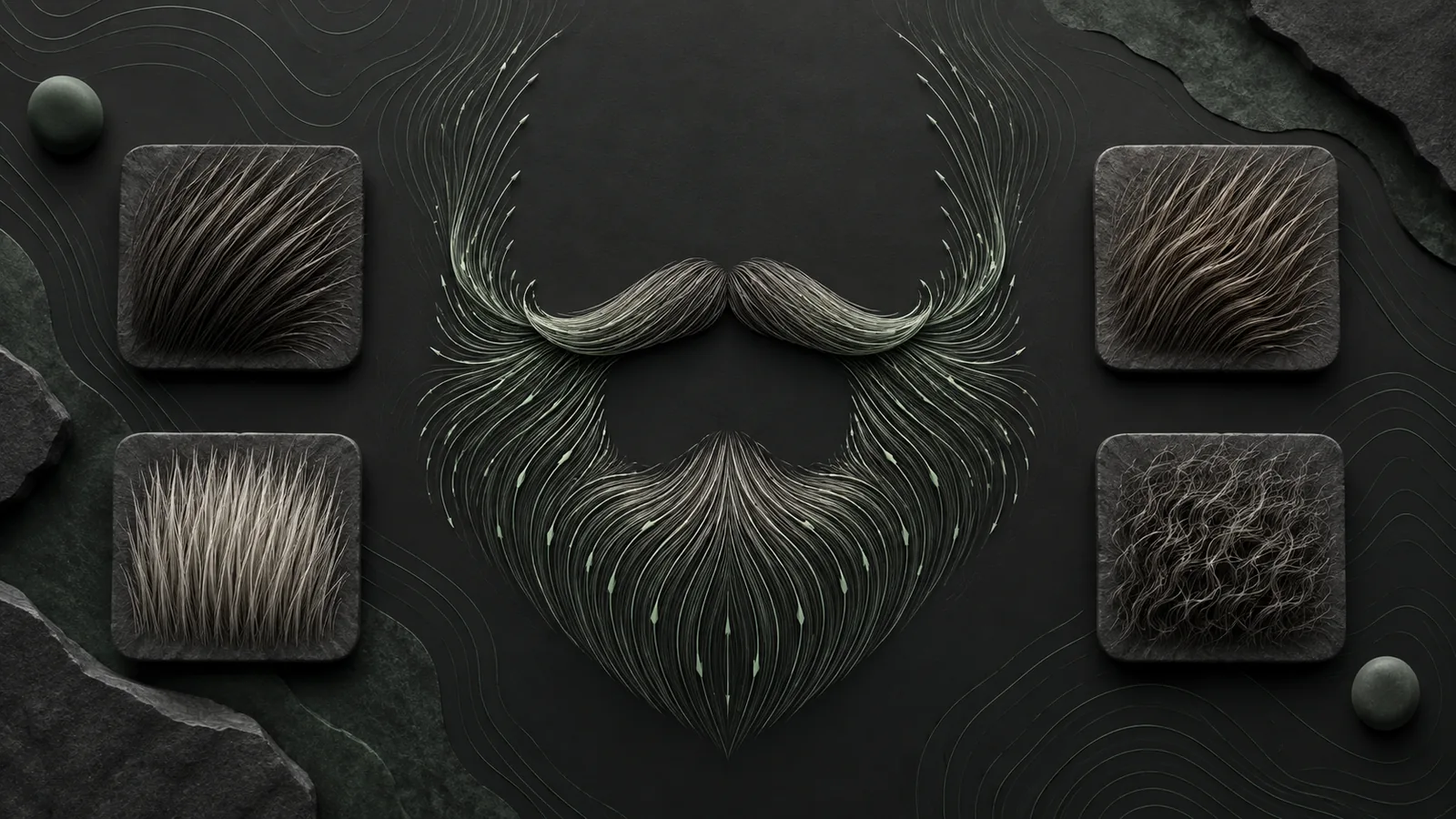 A geometric facial-hair map connected to donor swatches showing curl, caliber, color, and growth direction