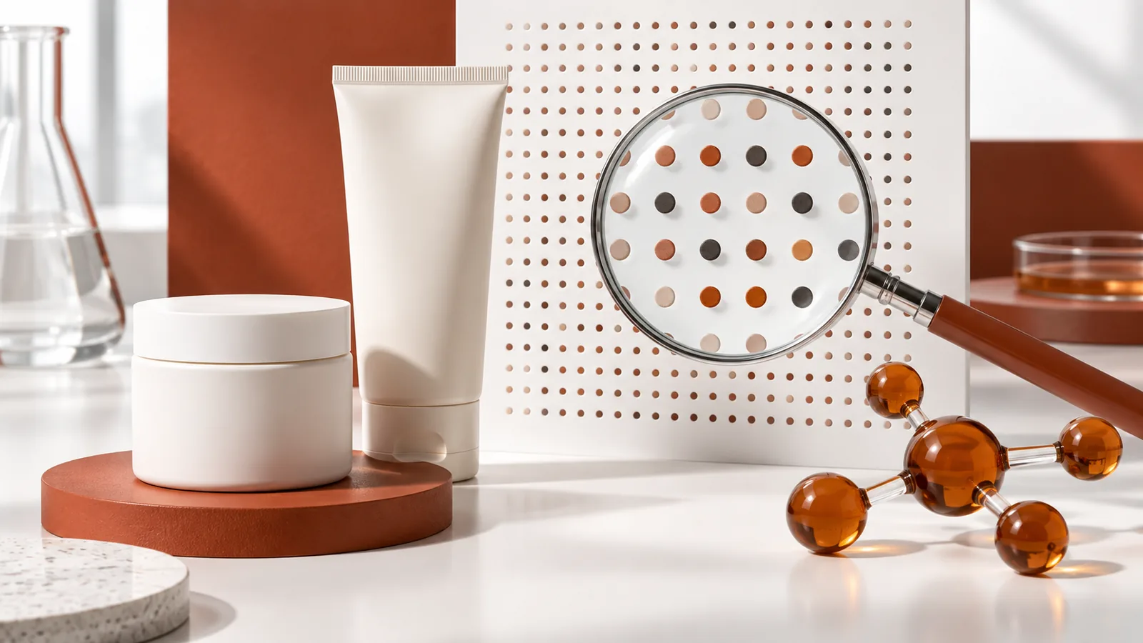 Unbranded acne skincare containers beside a magnified batch grid and amber molecular spheres