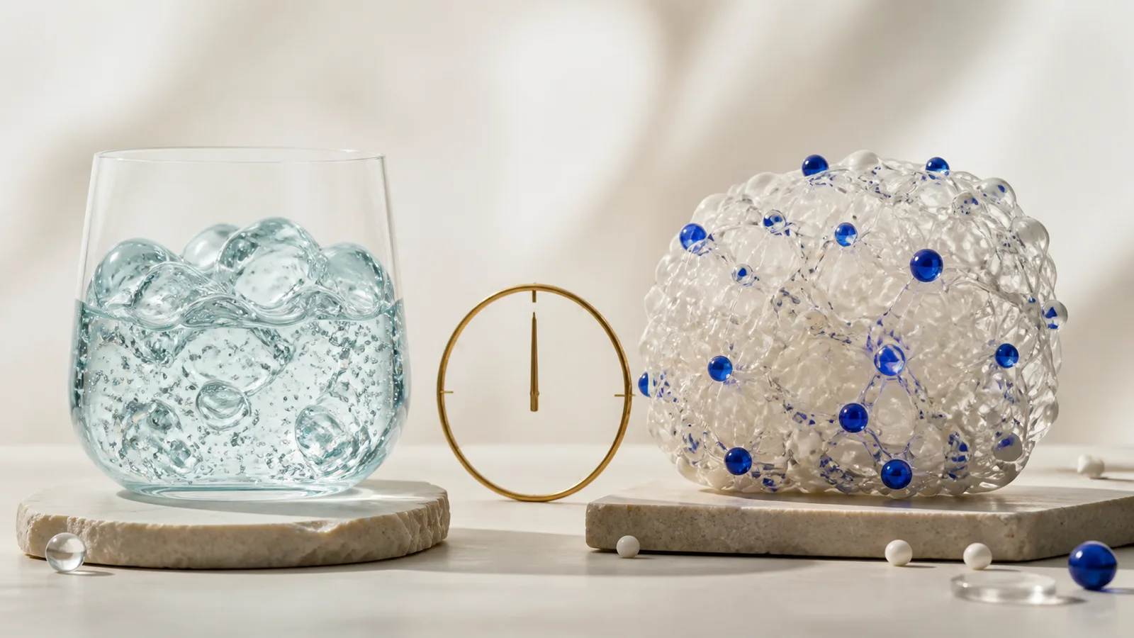 Clear gel volume and a pearlescent lattice compared beside a brass timing ring