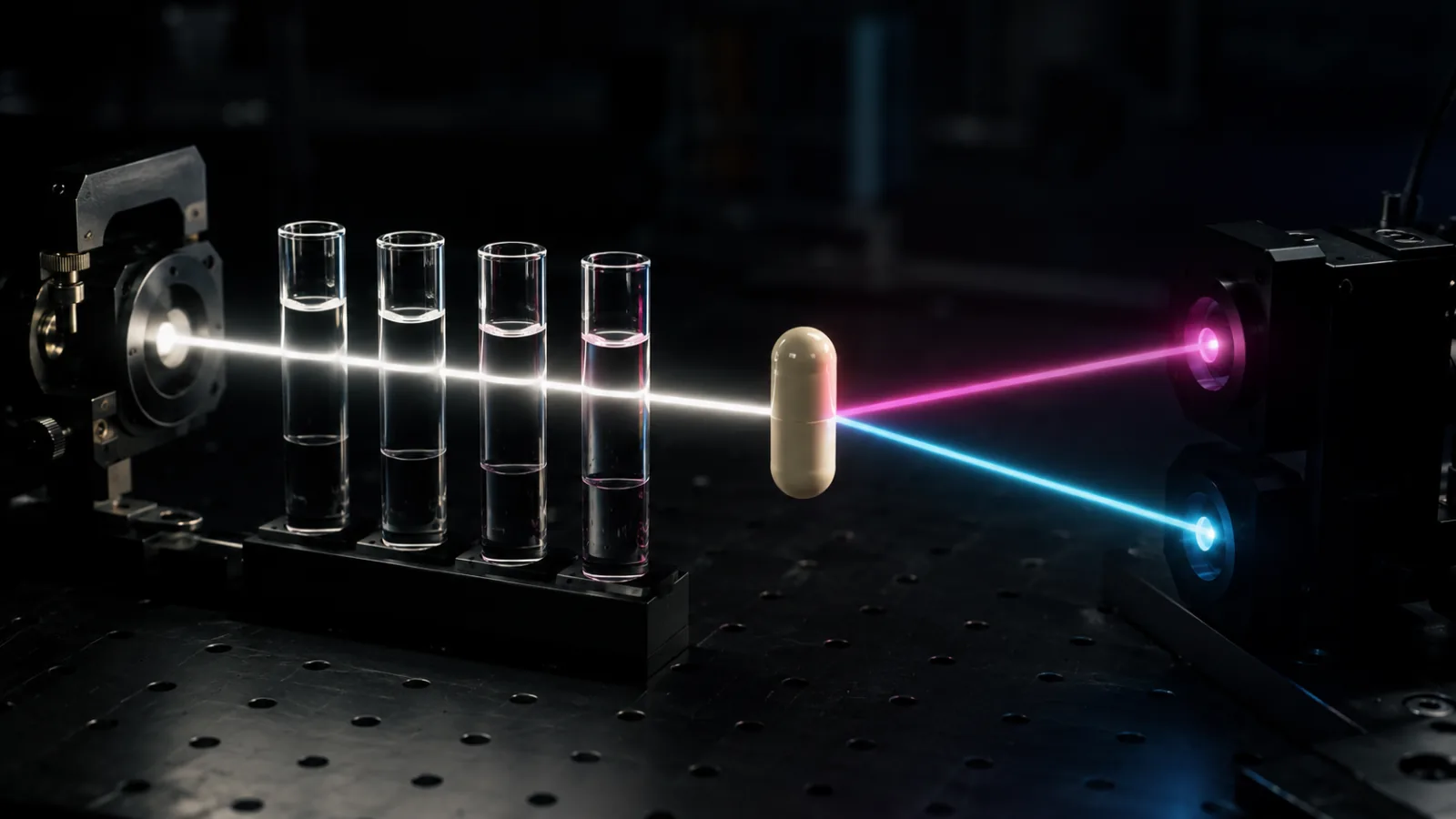 Unmarked capsule splitting a precise light beam into displaced paths across clear laboratory tubes