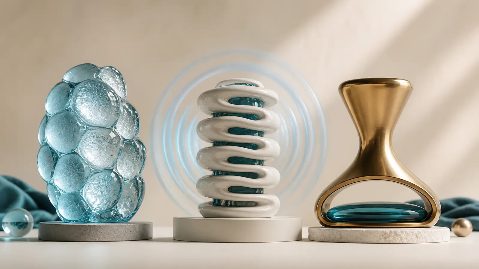 Chilled glass cluster, pulsing ceramic coil, and brass contour form