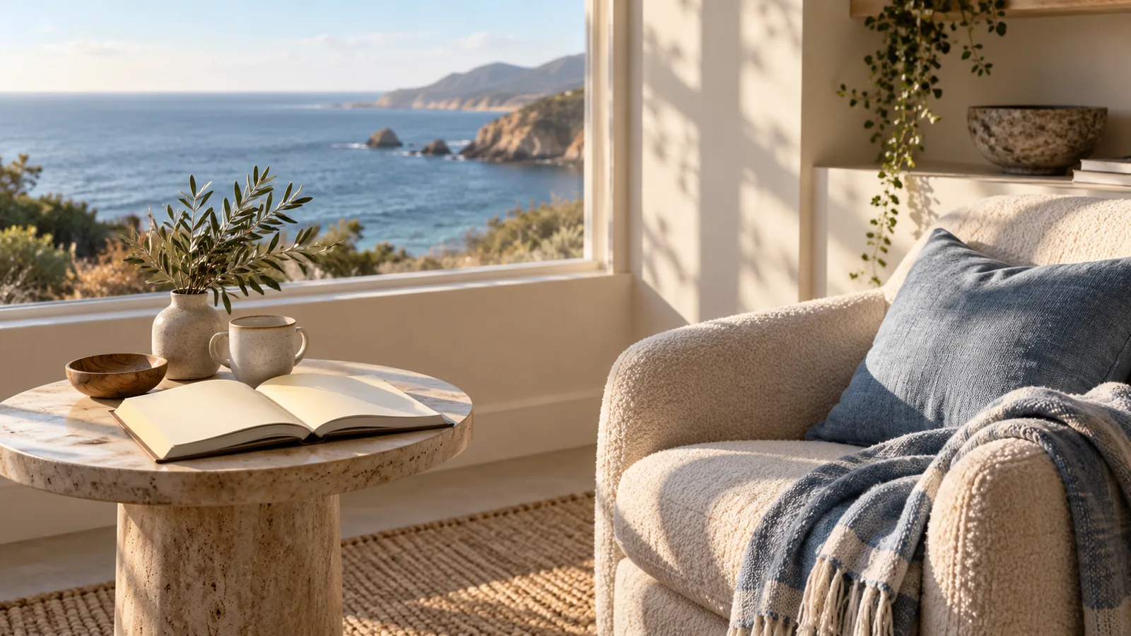 An open blank notebook beside a linen-covered chair in a softly lit reading alcove
