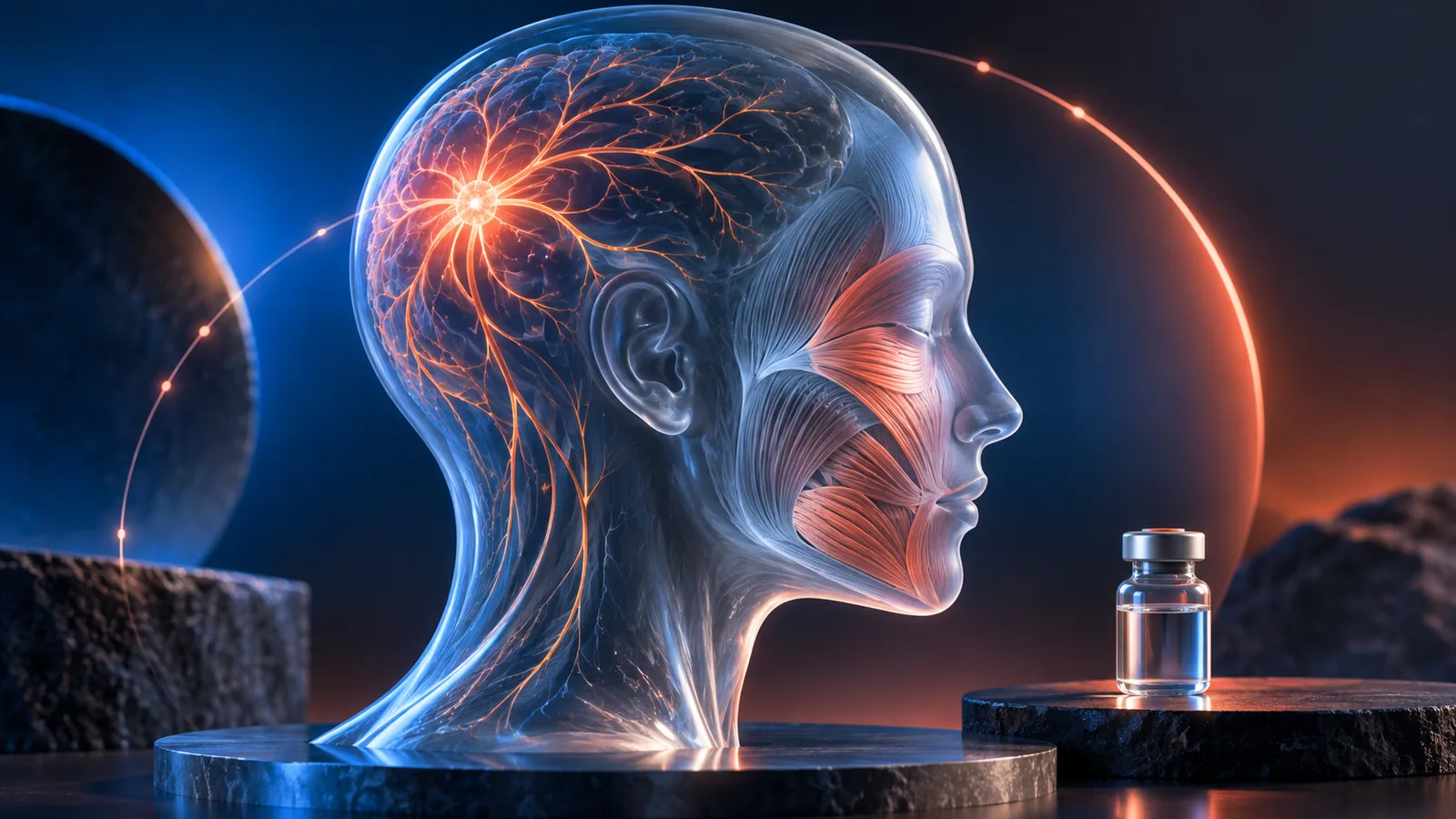 Abstract head sculpture with separate migraine nerve and cosmetic muscle maps beside an unbranded vial