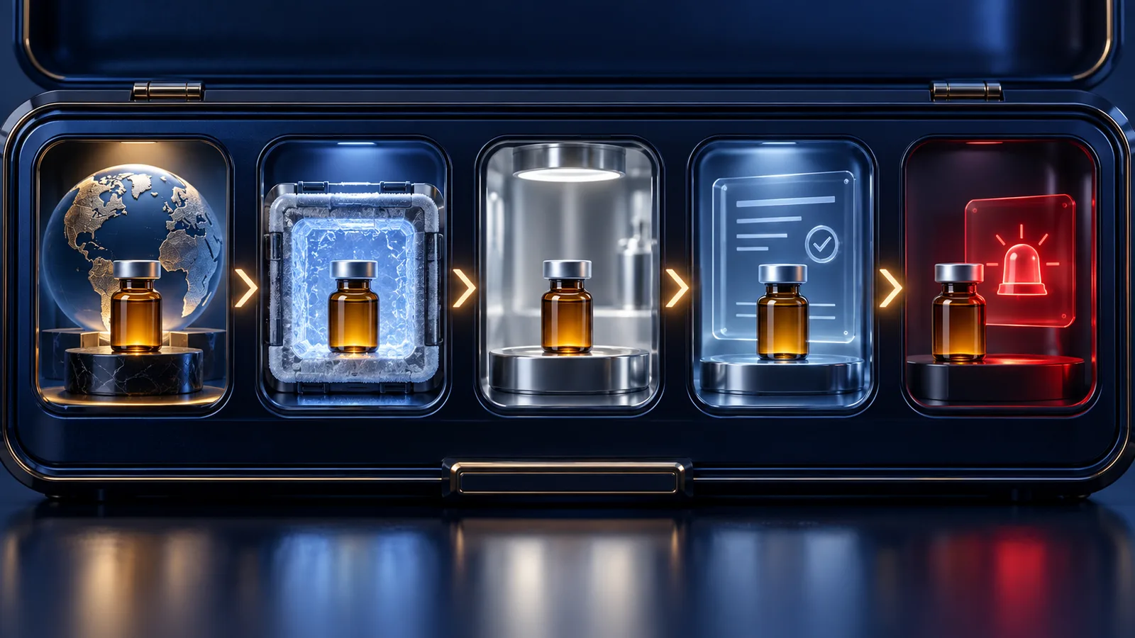A sealed unbranded vial and clinical record travel through a chain of mobile event checkpoints