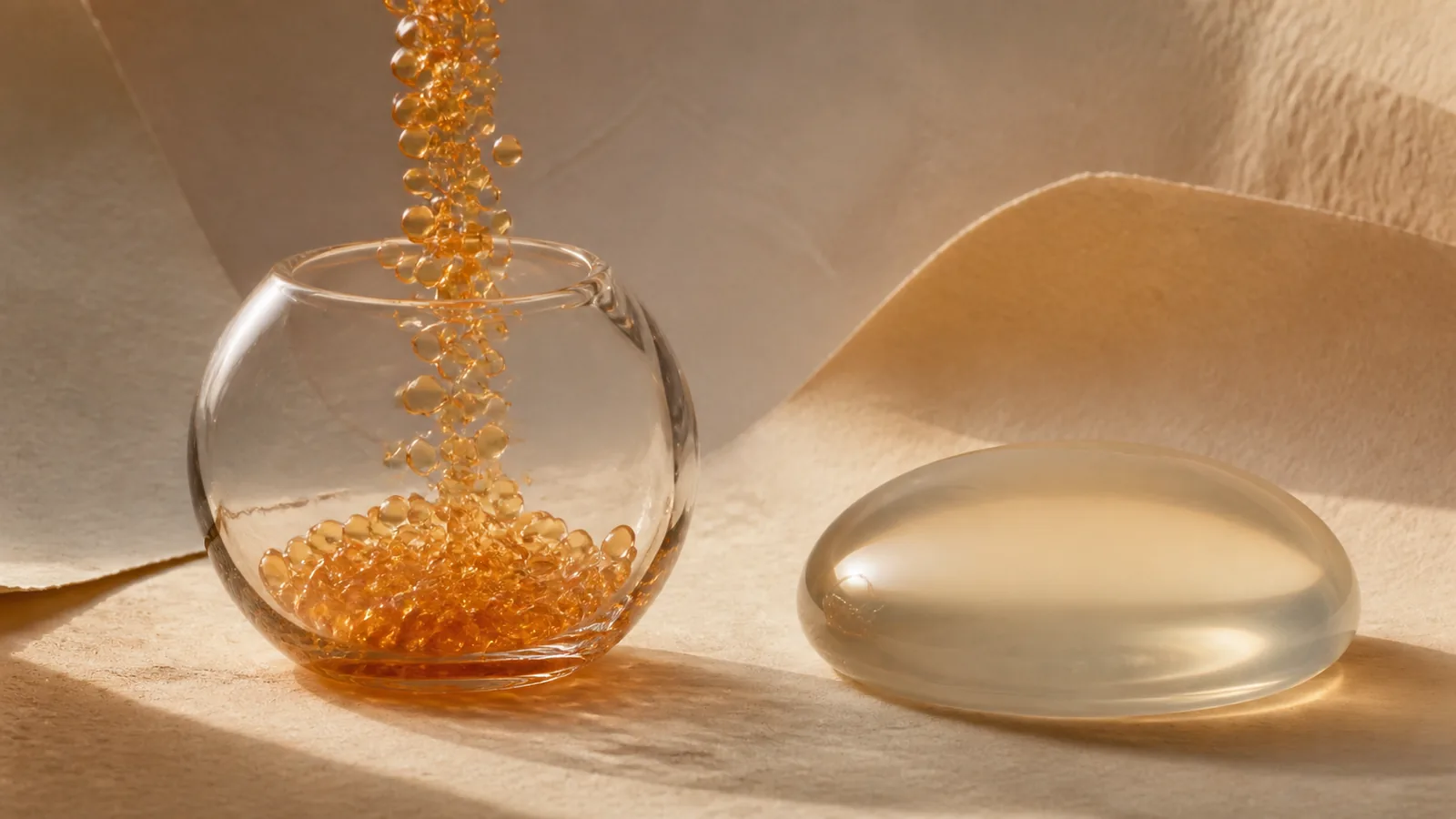 Editorial still life comparing soft golden tissue droplets with a clear implant form