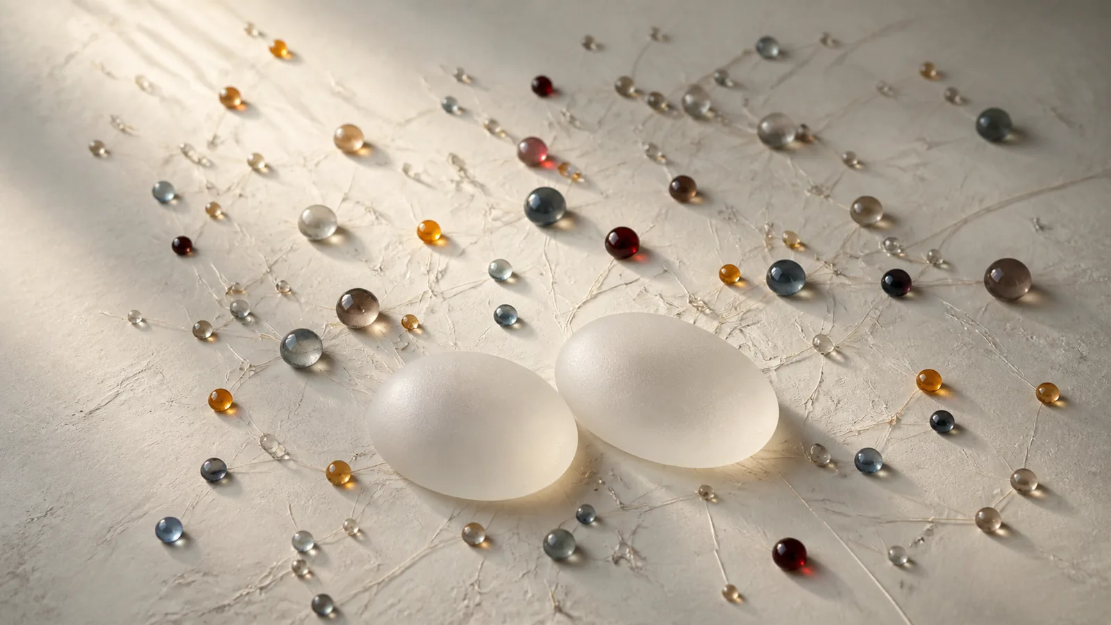 Abstract translucent implant forms connected to a branching constellation of symptom markers