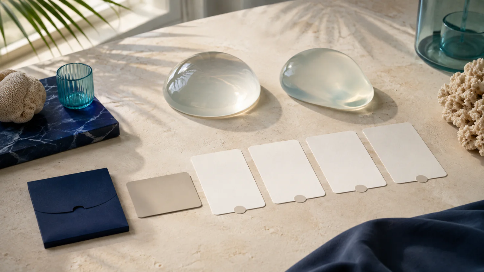 Translucent implant forms beside blank checklist and device-card shapes