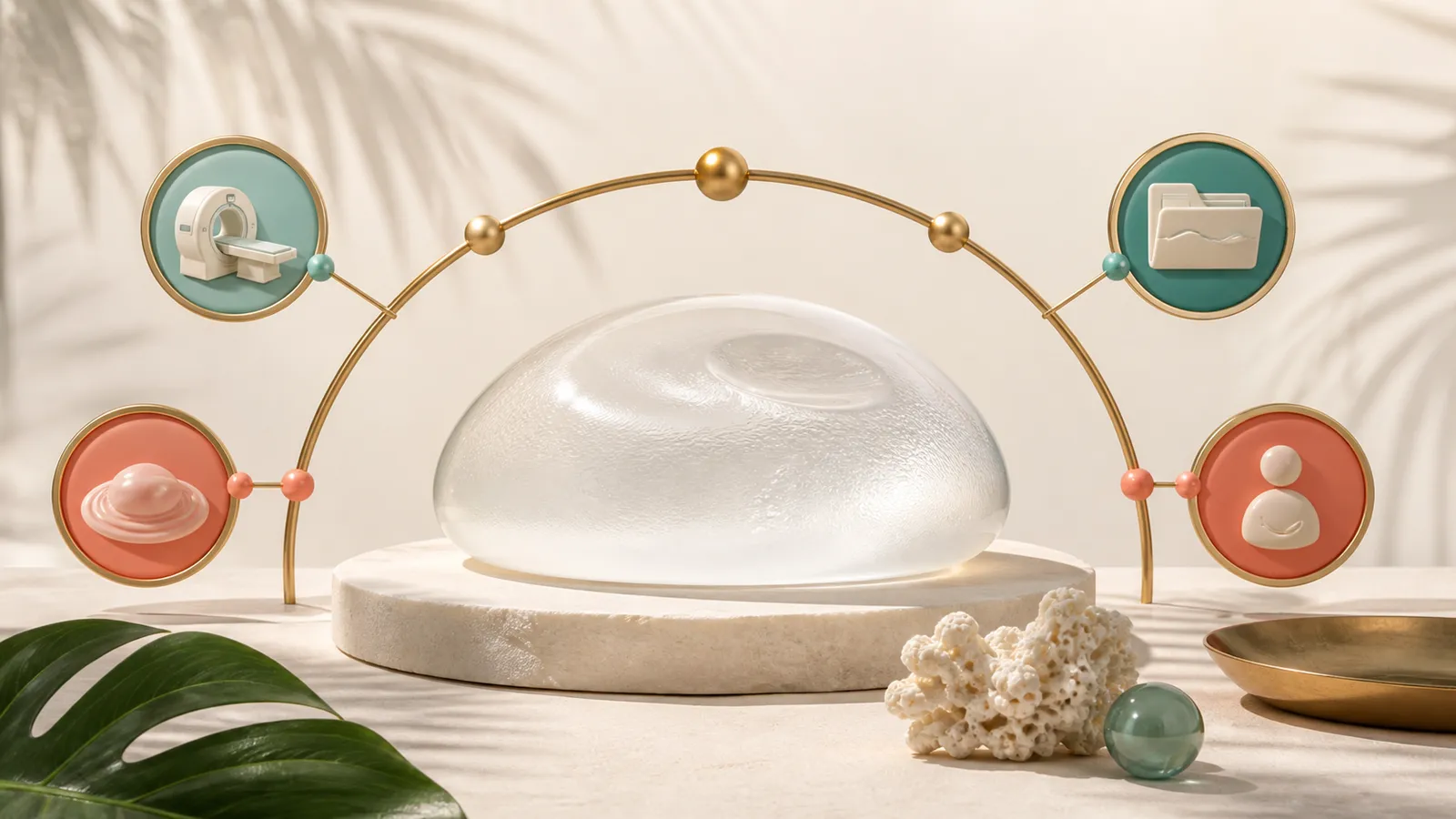 Abstract breast implant shell beside a curved timeline with branching clinical decision markers
