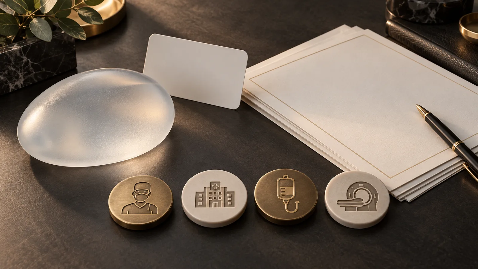 An unbranded implant device card, contract layers, and separate surgical cost tokens arranged on a clean desk