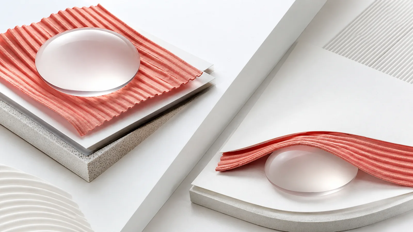 Layered anatomical abstraction showing an implant above and partly beneath a curved muscle plane
