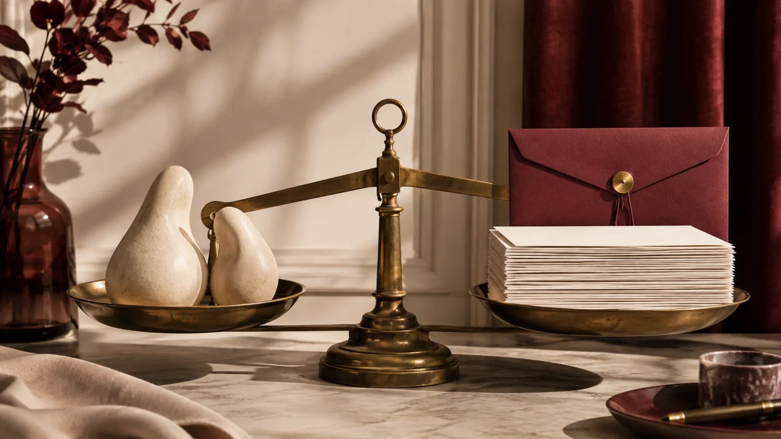 Brass balance holding abstract anatomical forms opposite blank policy sheets and a sealed folder