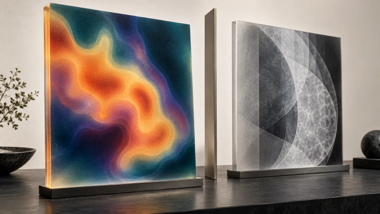 An abstract thermal color field contrasted with precise monochrome mammographic imaging geometry
