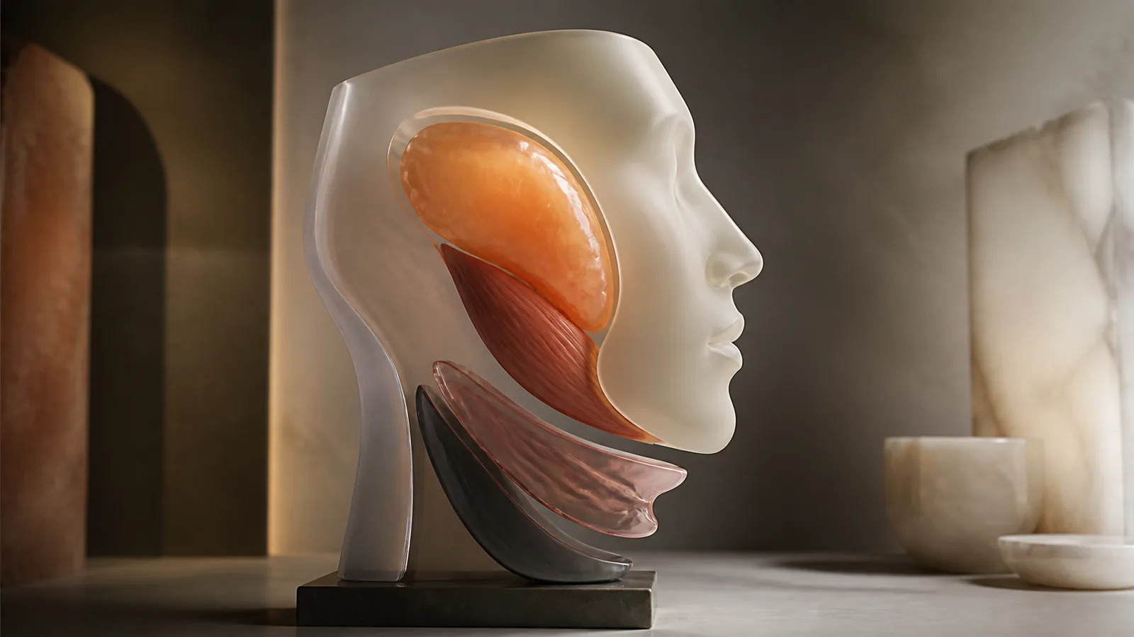 A sculptural facial contour study separating deep cheek volume, muscle, skin, and jawline planes
