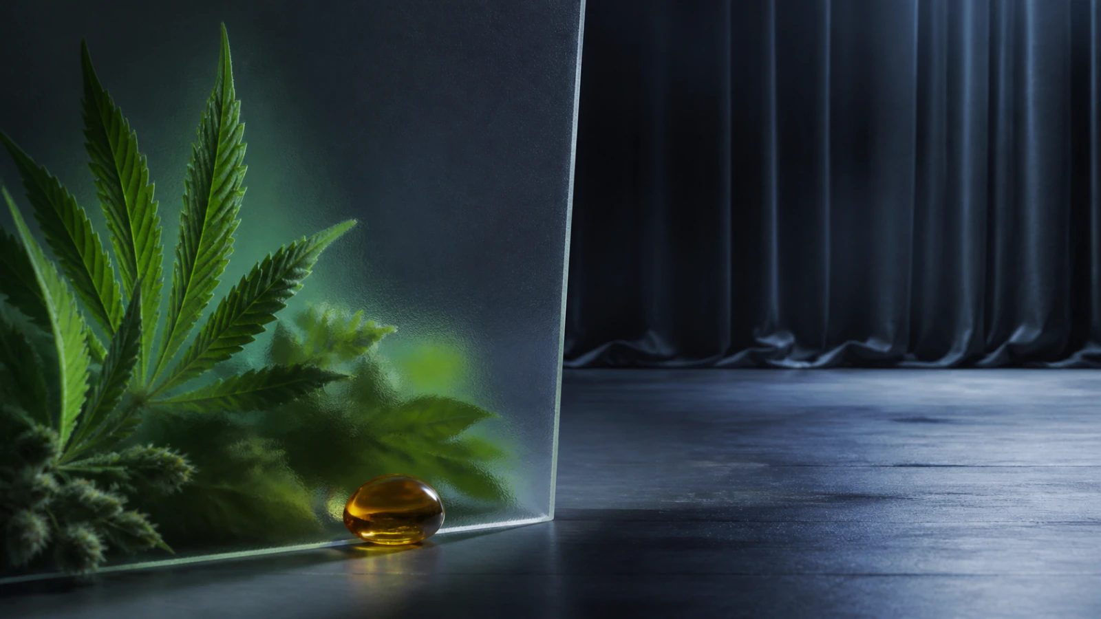 Botanical, vapor, oil, and capsule forms converging toward an abstract anesthesia planning grid