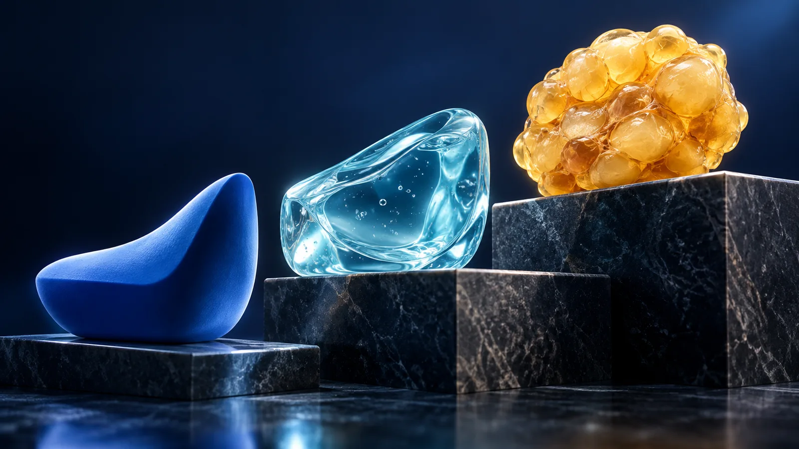 Three abstract cheek-volume forms in solid ceramic, translucent gel, and soft amber organic layers
