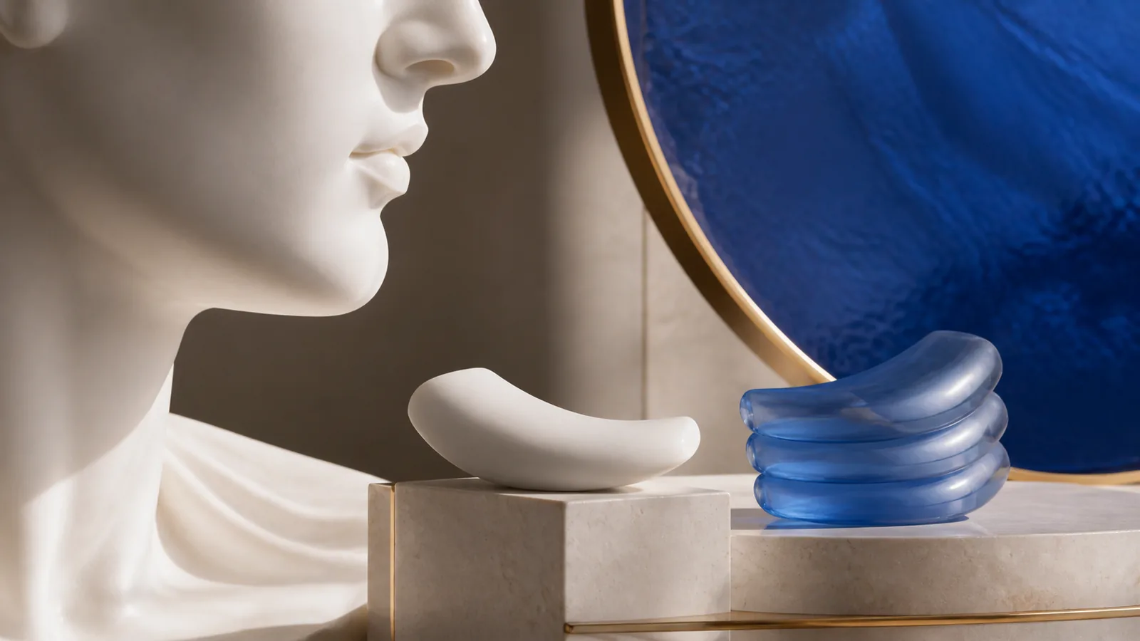 A sculptural profile comparing a solid contour form with a measured translucent injectable volume