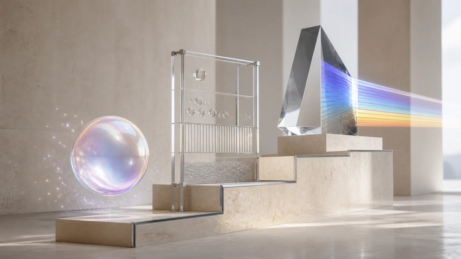 Abstract evidence ladder moving from a glossy claim sphere through a protocol frame to a data prism