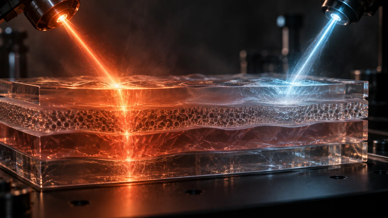 Warm and cool abstract laser beams reaching different depths in layered glass skin strata