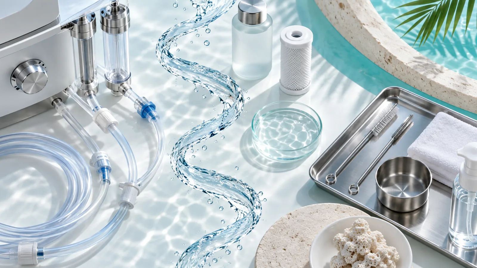Abstract hydrotherapy tubing, water helix, sanitation tools, and Florida coastal materials