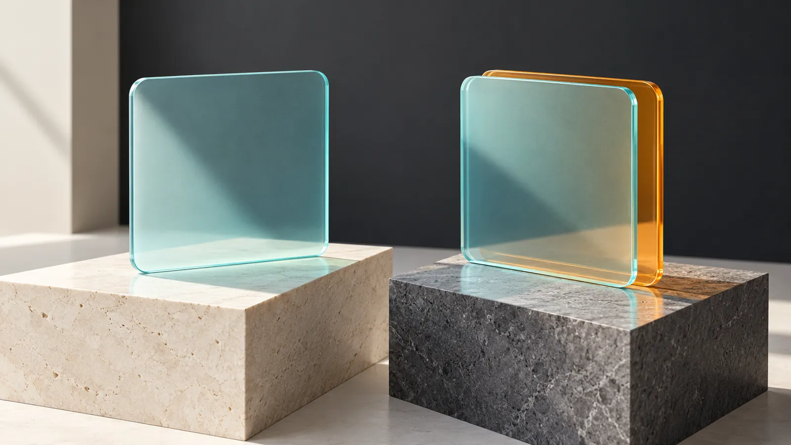Two translucent square forms on separate stone blocks, one with a gold edge
