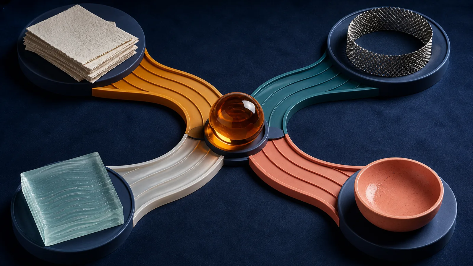 An amber glass center sending four distinct colored paths toward paper, glass, ceramic, and metal destinations