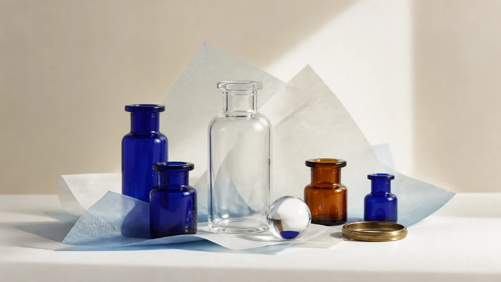 Abstract cobalt and amber glass vessels arranged with translucent paper and a brass verification ring