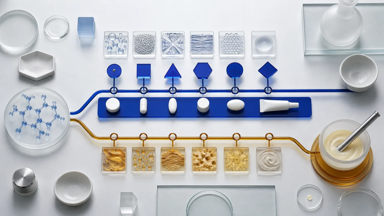 Standardized sealed hormone forms beside a customized compounding vessel on separate evidence tracks