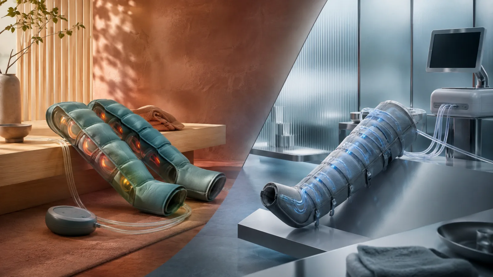 Abstract pneumatic chambers and airflow forms contrasting recovery and medical compression systems