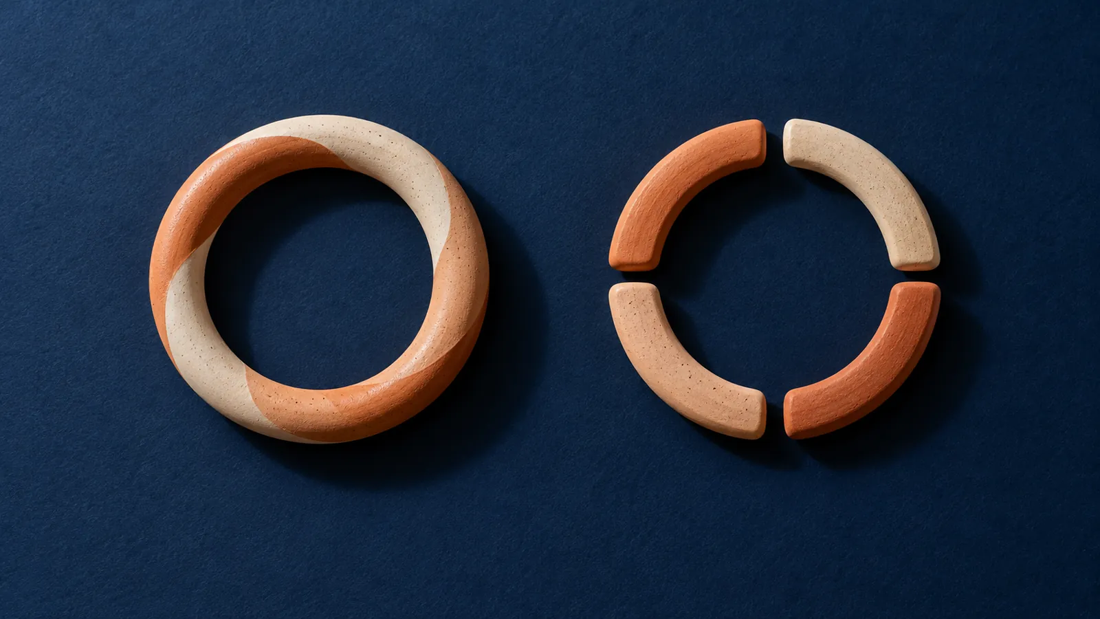 Continuous blue loop beside a segmented coral loop, both laid out as abstract timelines