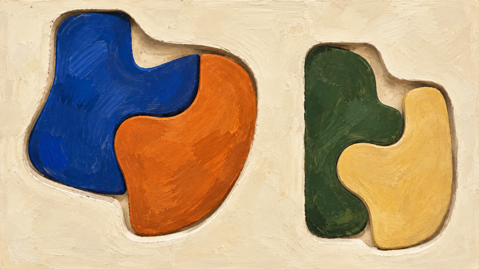 Two differently shaped pairs of interlocking painted forms