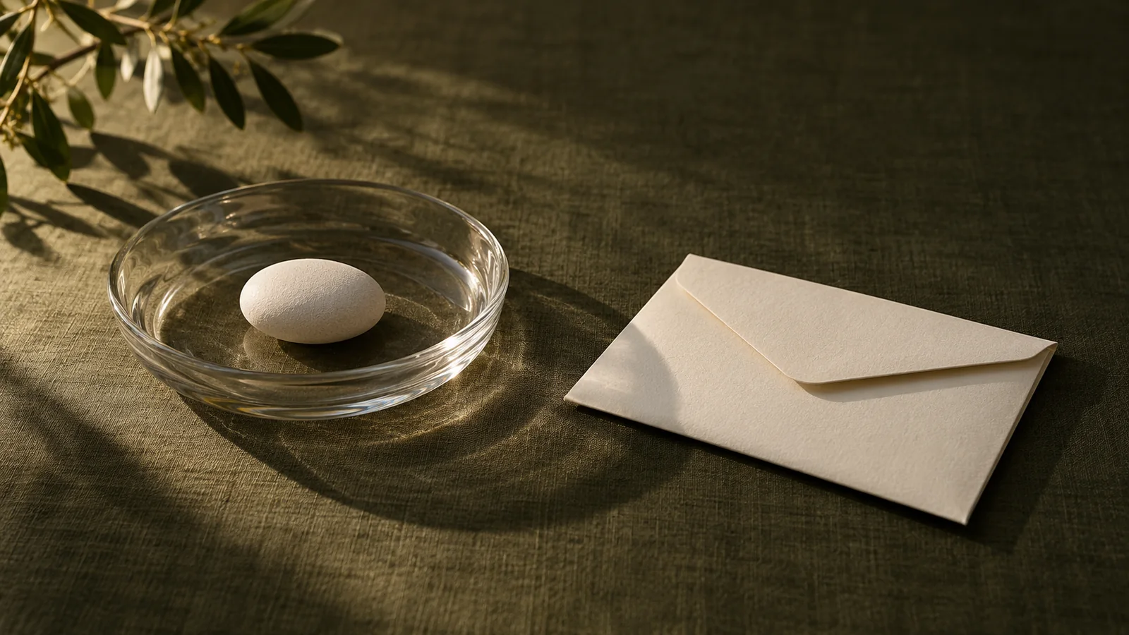 Ceramic oval in a glass dish beside a separate blank envelope