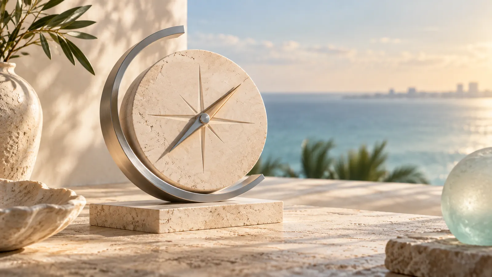 Silver arc and warm coastal light forming an abstract decision compass for later-life surgery